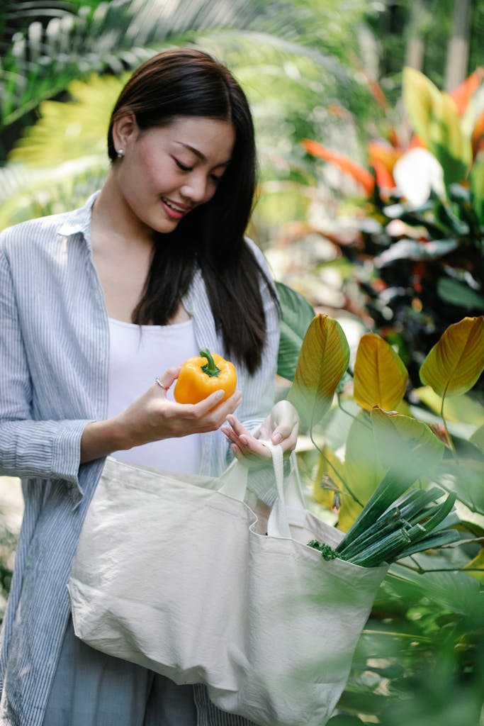 Cheerful young Asian female in casual clothes collecting fresh yellow bell peppers in lush sunny garden during harvesting season